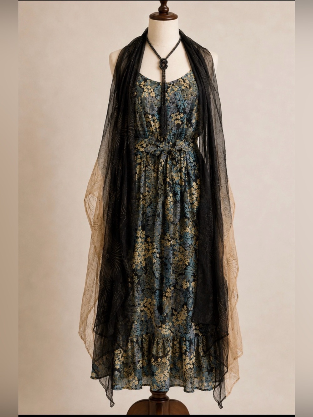 Black & Beige Sheer Chifgon Scarf Wrap with Leaf Pattern & beaded edge